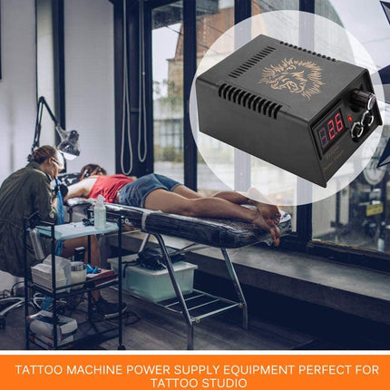 Tattoo studio with a tattoo machine power supply equipment displayed.