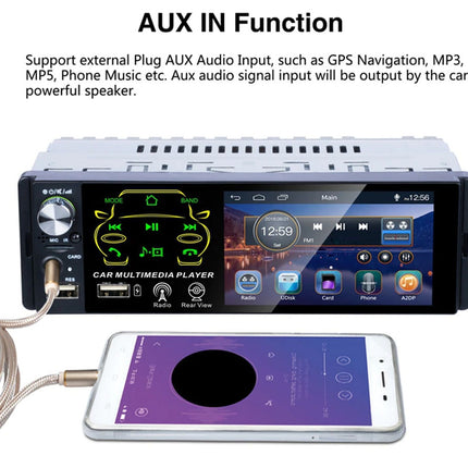 A car multimedia player with a touchscreen display and AUX input port, shown with a smartphone connected via cable on a white background. Text at the top explains AUX in function.