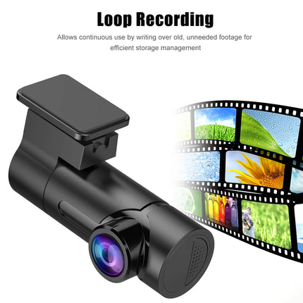 Black loop recording dash cam with text explaining continuous use and a film strip graphic showing recorded footage on a white background.
