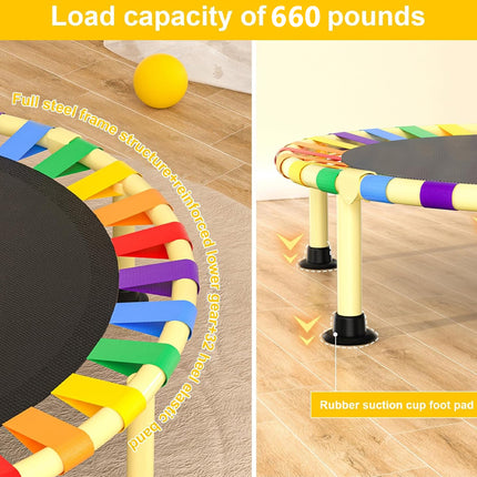 Colorful trampoline with text indicating load capacity on a wooden floor.