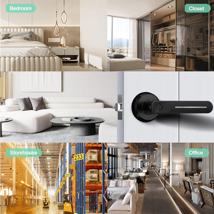 A collage showing a black lever-style door handle installed in several interior settings, including a bedroom, closet, living room, storehouse, and office. The product itself is highlighted in the center-right panel against a white door background.