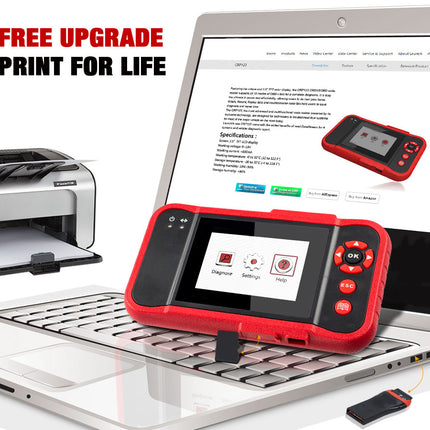 Red diagnostic tool on a laptop with text about free upgrade and print for life offer.
