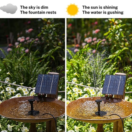 Solar-powered fountain in a garden with text indicating weather conditions.