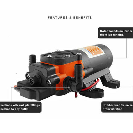 An orange and black pump product on a white background with three callout text boxes labeled 'Features & Benefits' pointing to noise, hose connections, and rubber feet.