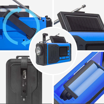 A collage showing multiple views of a portable power station: a close-up of the antenna and strap, a solar panel detail, a centered product view with a built-in flashlight, a rear port view, and an internal battery compartment view.