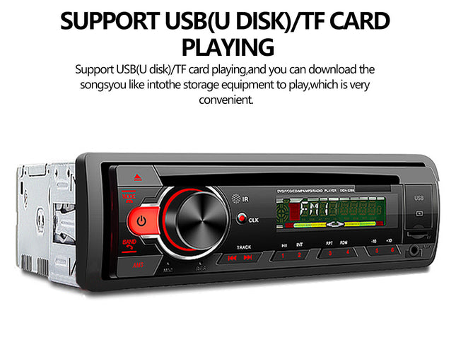 Car stereo system with USB and TF card support on a white background