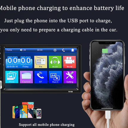 Car multimedia system with smartphone charging cable on a black background