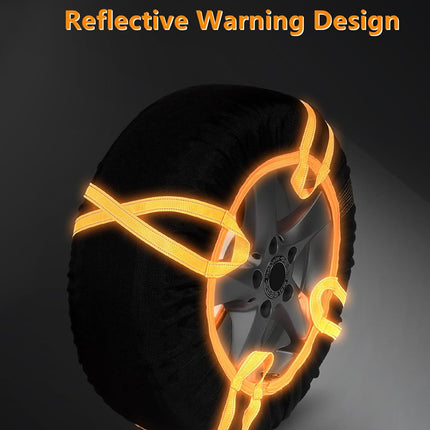 A black tire with bright orange reflective bands wrapped around it, shown on a dark gray background with the text 'Reflective Warning Design' at the top.