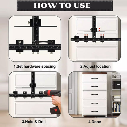 Instruction diagram titled 'HOW TO USE' showing four steps for mounting a black metal organizer rack onto white drawers. The steps include setting hardware spacing, adjusting location, holding and drilling, and completing the installation.