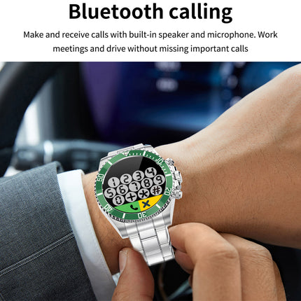A silver smartwatch with a green and black digital face is worn on a person's wrist, with hands adjusting the strap. The image includes text at the top reading 'Bluetooth calling' and descriptive copy about making and receiving calls with a built-in speaker and microphone.