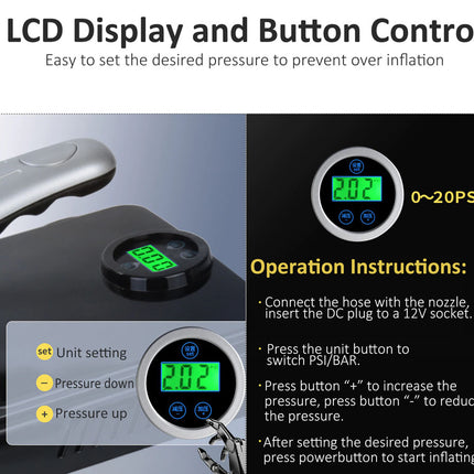 Digital air pump with LCD display and button control for setting pressure.