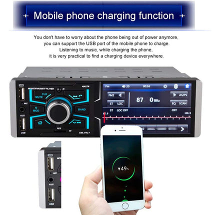 Car audio system with smartphone charging feature on a white background