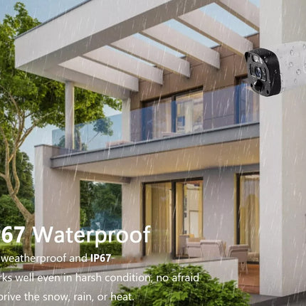 Outdoor security camera on a modern house exterior with text about waterproof rating.