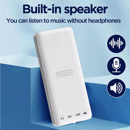 White electronic device with built-in speaker on a blue background