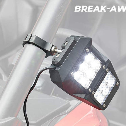 Bicycle light attached to a bike frame with 'Break-Away' text above.
