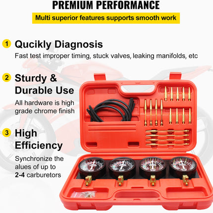 A red plastic diagnostic tool kit shown open on a white background with marketing text callouts. The kit contains multiple brass-colored nozzles, black hoses, and round gauges.
