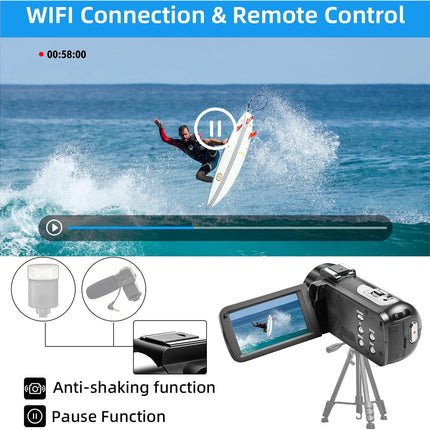 Camera with screen displaying a person on a surfboard, with text about WiFi connection and remote control.
