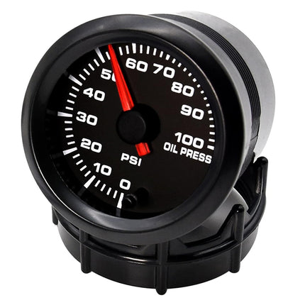 Oil pressure gauge with black casing and red needle on a white background