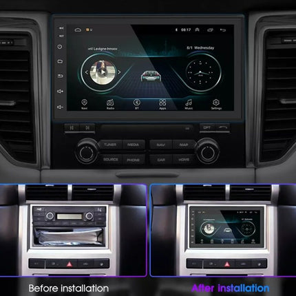 Car dashboard with a new touchscreen display installed, showing before and after comparison.
