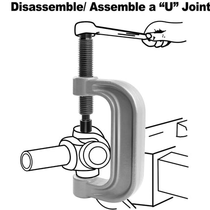 Diagram showing how to disassemble or assemble a 'U' joint using a C-clamp.