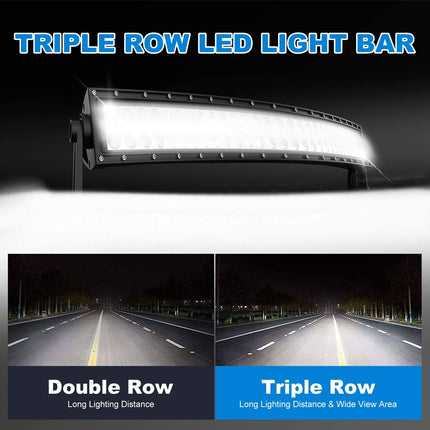 Triple row LED light bar with comparison to double row light bar on a dark road.