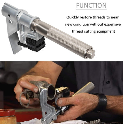 Thread repair tool with text explaining its function on a white background