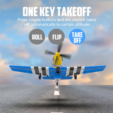 Toy airplane with text 'One Key Takeoff' against a cloudy sky background