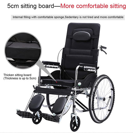 Wheelchair with a thick sitting board and text highlighting its comfort features.