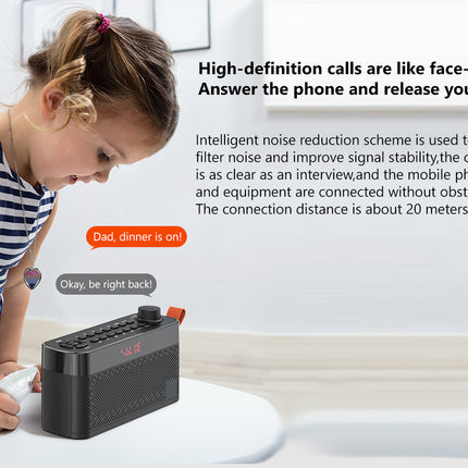 A young girl in a navy and white striped dress sits at a white table next to a black VALLCE wireless speaker, holding a phone. The image includes promotional text highlighting high-definition calls and noise reduction technology.