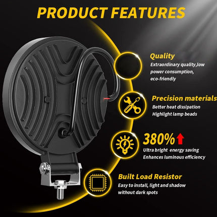 Product features of a light bulb on a black background with yellow text and icons.