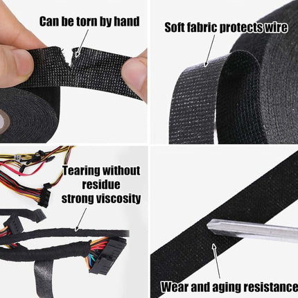 Black fabric tape with features highlighted on a white background