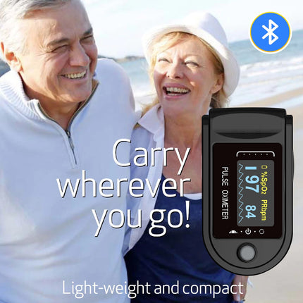 OLED Pulse Oximeter with Bluetooth connectivity displayed on a white background
