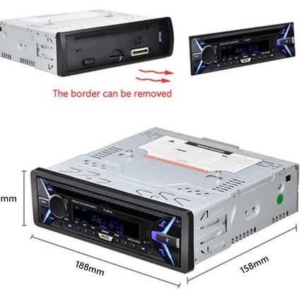 Car stereo system with dimensions labeled on a white background