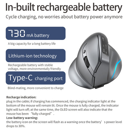 Rechargeable mouse with text detailing battery features on a white background