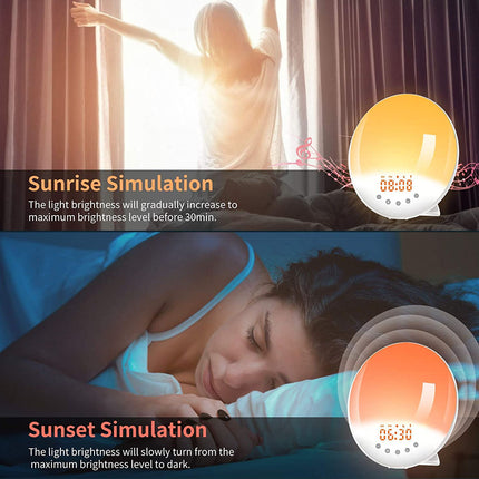 A promotional graphic for a sunrise/sunset light simulation device, showing two lifestyle scenes: a woman waking up in sunlight with an orange device graphic, and a woman sleeping in bed with an orange device graphic. Text reads 'Sunrise Simulation' and 'Sunset Simulation' with brightness change descriptions.