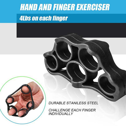 Black hand and finger exerciser with text on a white background