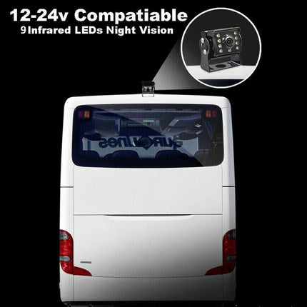 Back of a white van with night vision camera and text indicating compatibility with 12-24v systems and 9 infrared LEDs.
