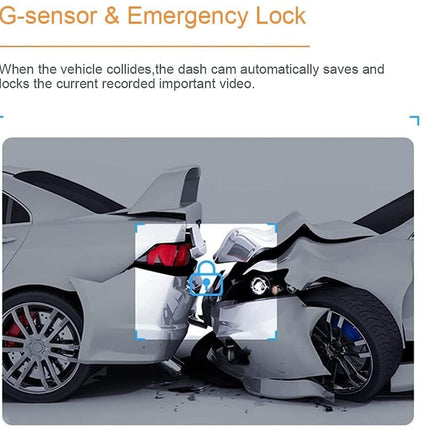 Car accident scenario with 'G-sensor & Emergency Lock' text on a white background