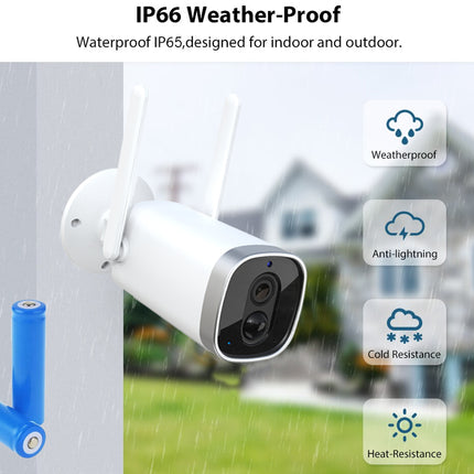 Weather-proof security camera with features highlighted on a blurred background