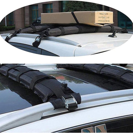 Car roof rack with a box on top, shown from two angles.