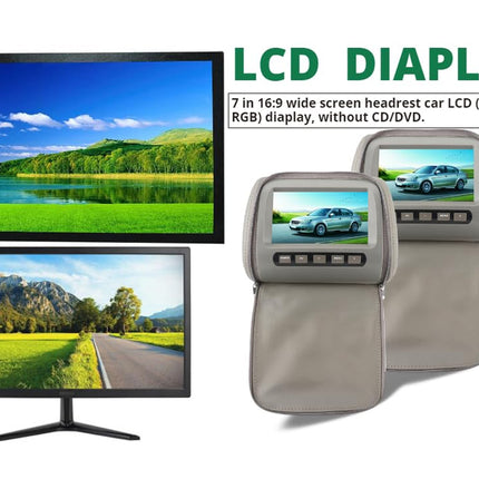 Car headrest LCD display seat monitor set shown with two beige headrest covers featuring built-in screens and two external LCD monitor screens displaying a landscape image, on a white background with text reading 'LCD DIAPLAY'.