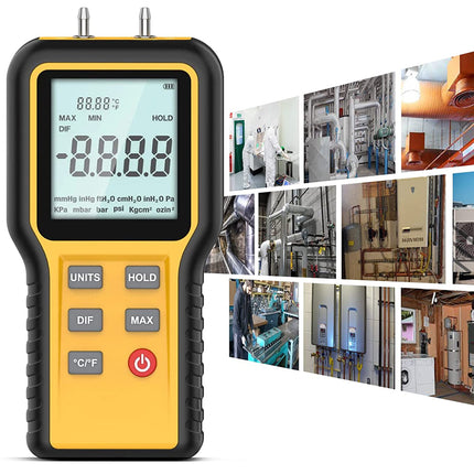 Digital Manometer Air Pressure Gauge - DigiFlow | HVAC Differential Gas Tester, 12 Units, LCD Backlight Display, 100 Data Storage