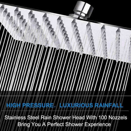 A square stainless steel rain shower head with multiple nozzles spraying water, shown against a black background with promotional text.