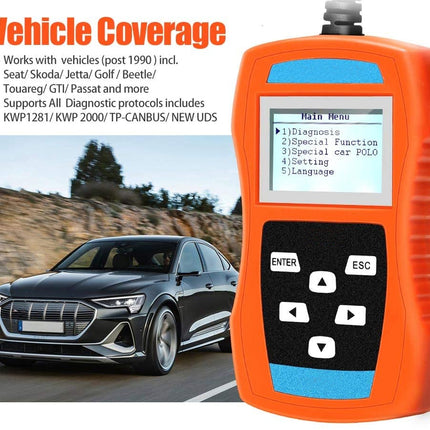 Orange diagnostic tool with car on road and vehicle coverage text