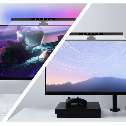 A sleek black computer monitor with an integrated LED light bar above it, shown on a white desk setup with a game controller, headset, and other accessories. The image is split diagonally, with the left side showing a gaming scene on the screen and the right side showing a starlight wallpaper.