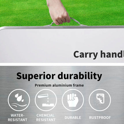 Carry handle of a product with text highlighting durability and features on a grass background