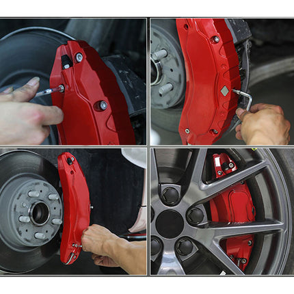 Step-by-step process of installing red brake calipers on a vehicle wheel.