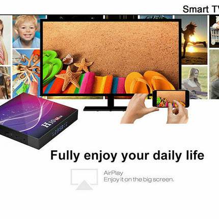 Smart TV box with images of a corkboard, people, and a sunset on a screen, with text 'Fully enjoy your daily life'.