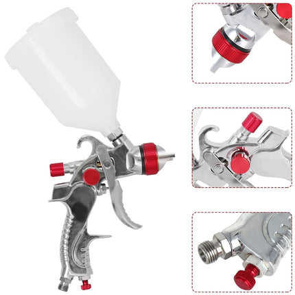 A silver and red spray paint gun with a white plastic paint cup, shown on a white background with three inset detail views highlighting the nozzle, trigger area, and hose connection.