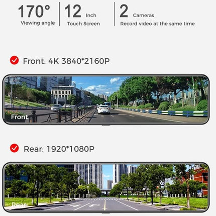 Display of a car dashboard camera system with front and rear views on a white background.
